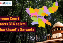 Supreme Court Protects 314 sq km of Jharkhand’s Saranda. A map of Jharkhand and the Supreme Court building are shown against a dense forest, with text stating "Supreme Court Protects 314 sq km of Jharkhand's Saranda."