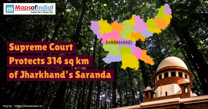 Supreme court A map of Jharkhand and the Supreme Court building are shown against a dense forest, with text stating