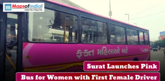 Surat Launches Pink Bus for Women with First Female Driver Pink city bus in Surat dedicated to women, highlighting the launch of the service with the city’s first female driver, featuring Maps of India branding.