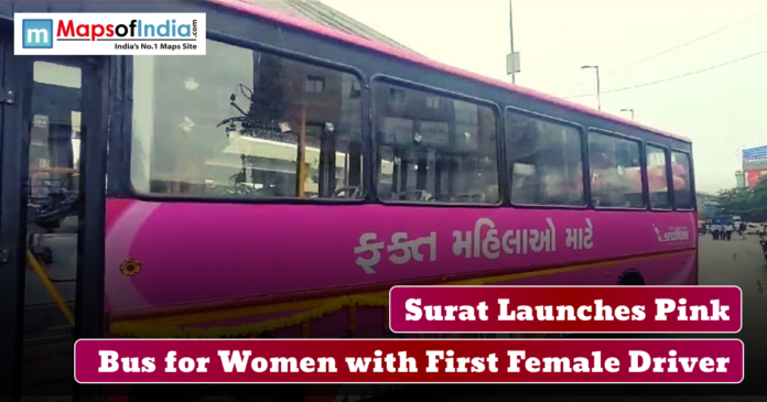 Pink city bus in Surat dedicated to women, highlighting the launch of the service with the city’s first female driver, featuring Maps of India branding.