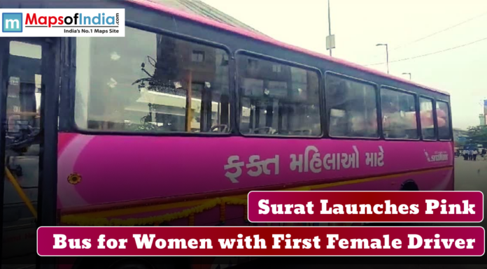Surat Launches Pink Bus for Women with First Female Driver Pink city bus in Surat dedicated to women, highlighting the launch of the service with the city’s first female driver, featuring Maps of India branding.
