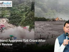 A landslide-hit area in Uttarakhand with damaged buildings and debris, alongside a government official speaking into a microphone.