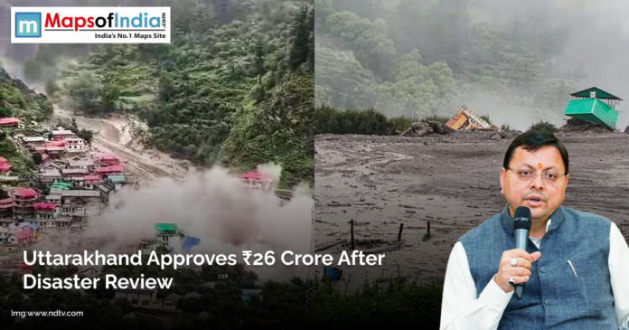 A landslide-hit area in Uttarakhand with damaged buildings and debris, alongside a government official speaking into a microphone.