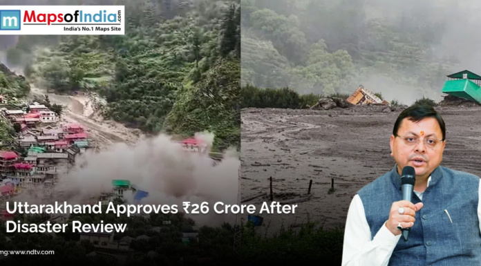 Uttarakhand Approves ₹26 Crore After Disaster Review A landslide-hit area in Uttarakhand with damaged buildings and debris, alongside a government official speaking into a microphone.