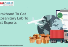 Uttarakhand to Get Phytosanitary Lab to Boost Exports An illustration showing global trade elements including a cargo truck, shipping containers, cardboard boxes, an airplane, and a checklist, alongside text announcing that Uttarakhand will establish a phytosanitary lab to boost exports.