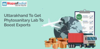 Uttarakhand to Get Phytosanitary Lab to Boost Exports An illustration showing global trade elements including a cargo truck, shipping containers, cardboard boxes, an airplane, and a checklist, alongside text announcing that Uttarakhand will establish a phytosanitary lab to boost exports.