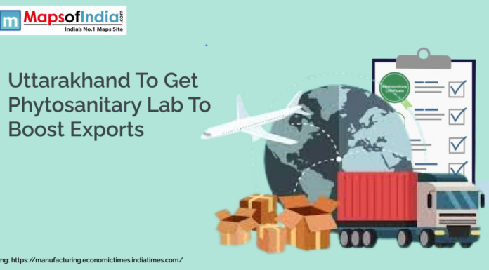 Uttarakhand to Get Phytosanitary Lab to Boost Exports An illustration showing global trade elements including a cargo truck, shipping containers, cardboard boxes, an airplane, and a checklist, alongside text announcing that Uttarakhand will establish a phytosanitary lab to boost exports.