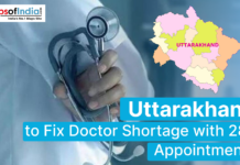 Uttarakhand to Fix Doctor Shortage with 287 Appointments A doctor holding a stethoscope, overlaid with a map of Uttarakhand, and text reading "Uttarakhand to Fix Doctor Shortage with 287 Appointments."