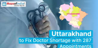 Uttarakhand to Fix Doctor Shortage with 287 Appointments A doctor holding a stethoscope, overlaid with a map of Uttarakhand, and text reading "Uttarakhand to Fix Doctor Shortage with 287 Appointments."