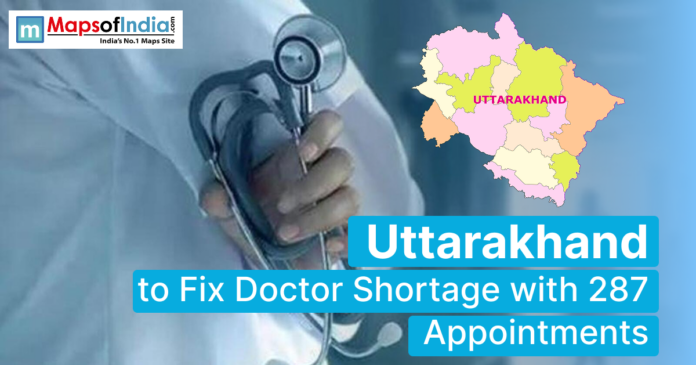 Uttarakhand(1) (1) A doctor holding a stethoscope, overlaid with a map of Uttarakhand, and text reading