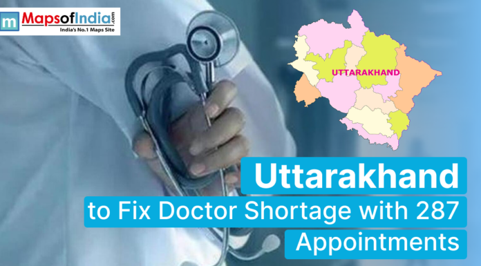 Uttarakhand to Fix Doctor Shortage with 287 Appointments A doctor holding a stethoscope, overlaid with a map of Uttarakhand, and text reading "Uttarakhand to Fix Doctor Shortage with 287 Appointments."