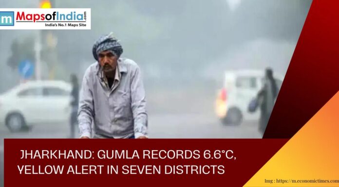 Jharkhand: Gumla Records 6.6°C, Yellow Alert in Seven Districts Man wearing warm clothing walks on a foggy road in Jharkhand as cold wave grips the region; headline overlay reports Gumla recording 6.6°C and a yellow alert issued for seven districts.