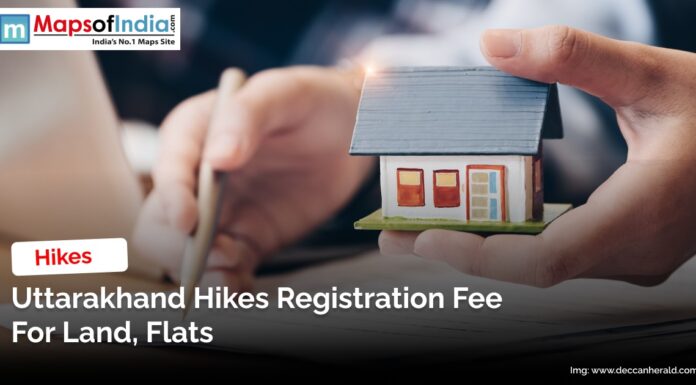 Uttarakhand Hikes Registration Fee for Land, Flats Hands holding a small model house and signing documents, with text announcing that Uttarakhand has increased registration fees for land and flats.
