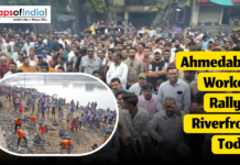 Ahmedabad Workers Rally at Riverfront Today Large group of workers gather for a protest rally at the Ahmedabad Riverfront, with another inset image showing people assembling and cleaning near the riverbank.