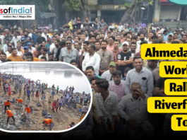 Large group of workers gather for a protest rally at the Ahmedabad Riverfront, with another inset image showing people assembling and cleaning near the riverbank.