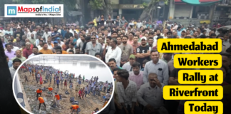 Ahmedabad Workers Rally at Riverfront Today Large group of workers gather for a protest rally at the Ahmedabad Riverfront, with another inset image showing people assembling and cleaning near the riverbank.