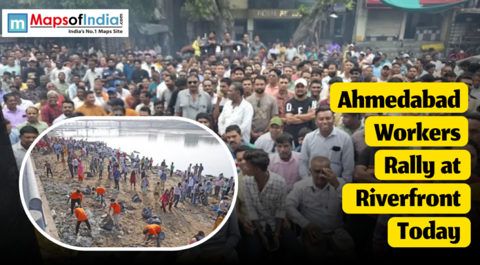 Ahmedabad Workers Rally at Riverfront Today Large group of workers gather for a protest rally at the Ahmedabad Riverfront, with another inset image showing people assembling and cleaning near the riverbank.