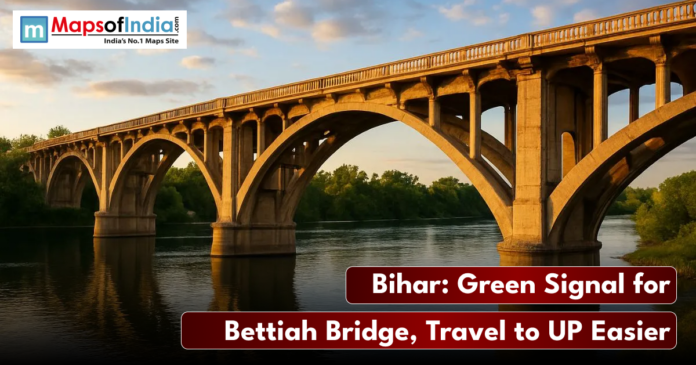 A low-angle photo of a concrete arch bridge (the Bettiah Bridge) spanning a river under a sunset sky, with the text 