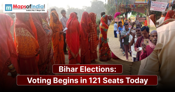bihar elections Voters in Bihar stand in long queues, holding their ID cards and waiting to cast their votes as polling begins for 121 constituencies in the Bihar Assembly elections.