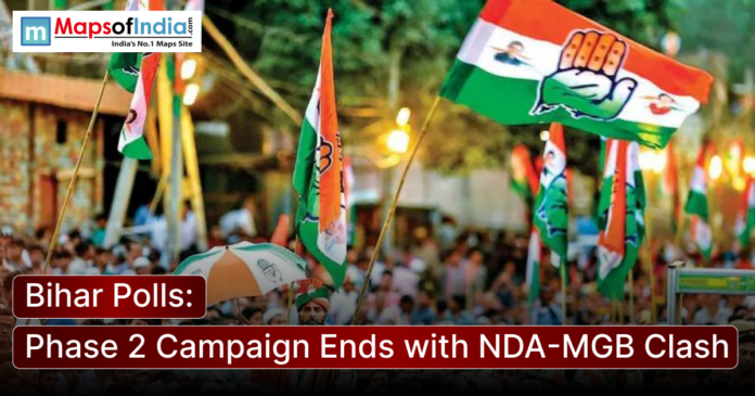 Political supporters wave party flags during a campaign rally in Bihar as the second phase of election campaigning concludes with a heated contest between the NDA and Mahagathbandhan alliances.