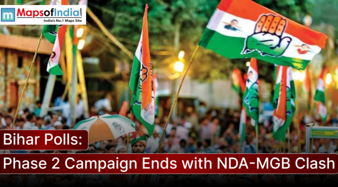 Bihar Polls: Phase 2 Campaign Ends with NDA-MGB Clash Political supporters wave party flags during a campaign rally in Bihar as the second phase of election campaigning concludes with a heated contest between the NDA and Mahagathbandhan alliances.