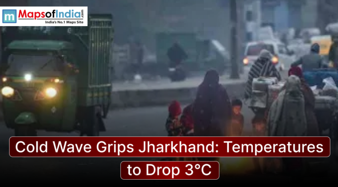 Cold Wave Grips Jharkhand: Temperatures to Drop 3°C People wrapped in blankets gather around a small fire on a foggy street in Jharkhand as temperatures drop during a severe cold wave, with vehicles passing nearby.