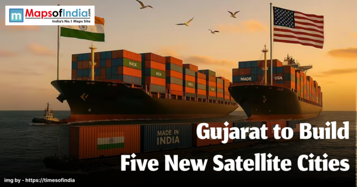 gujarat to build Image of two cargos, one with a flag of India and the other one with a flag of US, at a port.