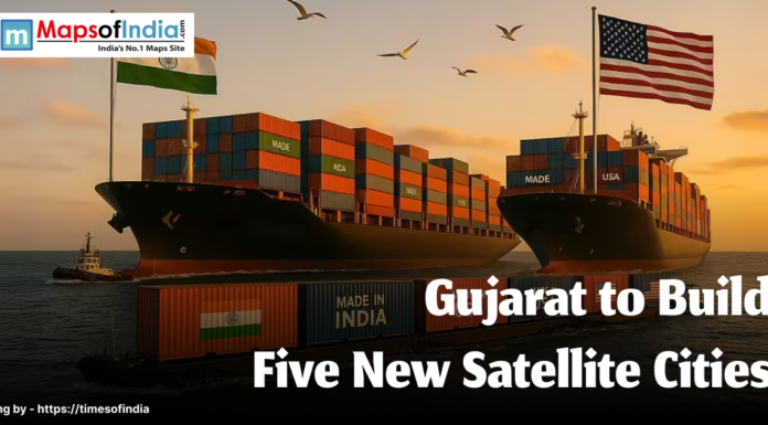 US Tariffs Hit Gujarat Chemical Exports, Trade Halts Image of two cargos, one with a flag of India and the other one with a flag of US, at a port.