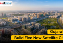 Gujarat to Build Five New Satellite Cities Aerial view of a modern urban cityscape in Gujarat with highways, residential complexes, and green spaces, representing the state’s plan to build five new satellite cities.
