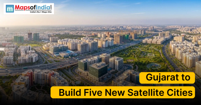 gujarat to build five new satellite Aerial view of a modern urban cityscape in Gujarat with highways, residential complexes, and green spaces, representing the state’s plan to build five new satellite cities.
