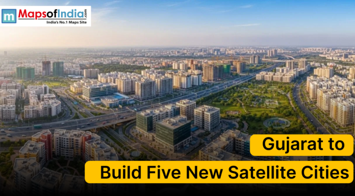 Gujarat to Build Five New Satellite Cities Aerial view of a modern urban cityscape in Gujarat with highways, residential complexes, and green spaces, representing the state’s plan to build five new satellite cities.