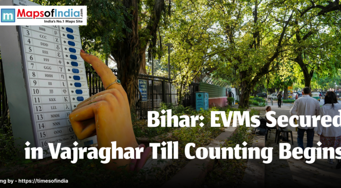 Bihar: EVMs Secured in Vajraghar Till Counting Begins An EVM Mchine and a hand voting for Bihar Elections