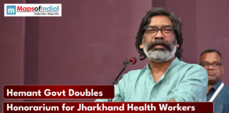 Hemant Govt Doubles Honorarium for Jharkhand Health Workers Jharkhand Chief Minister addressing a public event, highlighting the government decision to double honorarium for state health workers, with Maps of India branding.