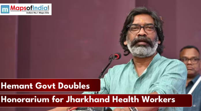 Hemant Govt Doubles Honorarium for Jharkhand Health Workers Jharkhand Chief Minister addressing a public event, highlighting the government decision to double honorarium for state health workers, with Maps of India branding.