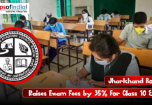 Jharkhand Board Raises Exam Fees by 35% for Class 10 & 12 Students wearing masks sitting in a classroom appearing for exams, with the Jharkhand Academic Council logo and text stating “Jharkhand Board Raises Exam Fees by 35% for Class 10 & 12.”