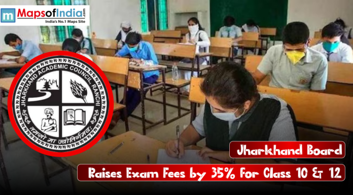 Jharkhand Board Raises Exam Fees by 35% for Class 10 & 12 Students wearing masks sitting in a classroom appearing for exams, with the Jharkhand Academic Council logo and text stating “Jharkhand Board Raises Exam Fees by 35% for Class 10 & 12.”