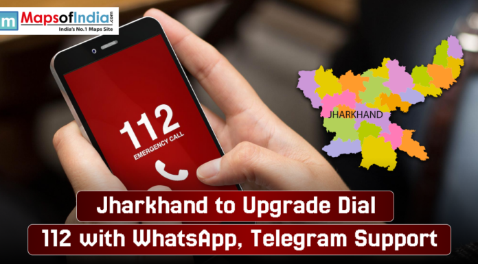 Jharkhand to Upgrade Dial 112 with WhatsApp, Telegram Support A person holding a smartphone displaying "112 Emergency Call," with text overlay announcing Jharkhand's upgrade of Dial 112 to include WhatsApp and Telegram support, alongside a colorful map of Jharkhand.