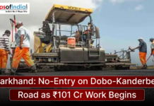 Jharkhand: No-Entry on Dobo-Kanderbera Road as ₹101 Cr Work Begins Construction workers and roadwork machinery on Dobo-Kanderbera road in Jharkhand, with a notice of ₹101 crore project and no-entry restriction.