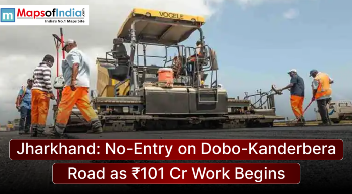 Jharkhand: No-Entry on Dobo-Kanderbera Road as ₹101 Cr Work Begins Construction workers and roadwork machinery on Dobo-Kanderbera road in Jharkhand, with a notice of ₹101 crore project and no-entry restriction.