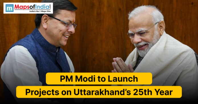 pm modi to launch Uttarakhand CM Pushkar Singh Dhami greeting and welcoming PM Modi with offering a shawl.