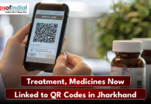 Treatment, Medicines Now Linked to QR Codes in Jharkhand A person uses a smartphone to scan a medical QR code, with medicine bottles in the background and a caption about linking treatment and medicines to QR codes in Jharkhand.