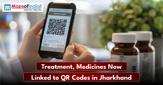 treatmeant ,jharkhand A person uses a smartphone to scan a medical QR code, with medicine bottles in the background and a caption about linking treatment and medicines to QR codes in Jharkhand.