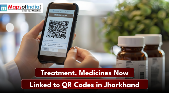Treatment, Medicines Now Linked to QR Codes in Jharkhand A person uses a smartphone to scan a medical QR code, with medicine bottles in the background and a caption about linking treatment and medicines to QR codes in Jharkhand.