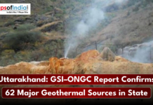 Uttarakhand: GSI–ONGC Report Confirms 62 Major Geothermal Sources in State Steam rises from rocky geothermal vents on a hillside, with a news caption stating that a GSI–ONGC report has confirmed 62 major geothermal sources in Uttarakhand.