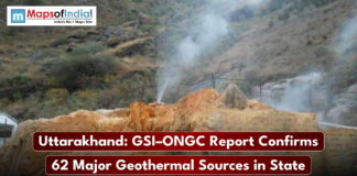 Uttarakhand: GSI–ONGC Report Confirms 62 Major Geothermal Sources in State Steam rises from rocky geothermal vents on a hillside, with a news caption stating that a GSI–ONGC report has confirmed 62 major geothermal sources in Uttarakhand.