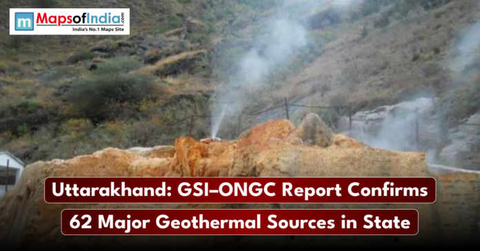 Steam rises from rocky geothermal vents on a hillside, with a news caption stating that a GSI–ONGC report has confirmed 62 major geothermal sources in Uttarakhand.