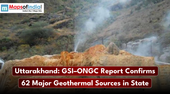 Uttarakhand: GSI–ONGC Report Confirms 62 Major Geothermal Sources in State Steam rises from rocky geothermal vents on a hillside, with a news caption stating that a GSI–ONGC report has confirmed 62 major geothermal sources in Uttarakhand.