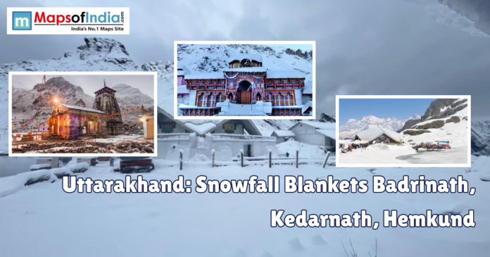 uttarakhand snowfall blankets Snow-covered temples of Badrinath, Kedarnath, and Hemkund in Uttarakhand after heavy snowfall, showcasing the Himalayan shrines blanketed in white during winter.