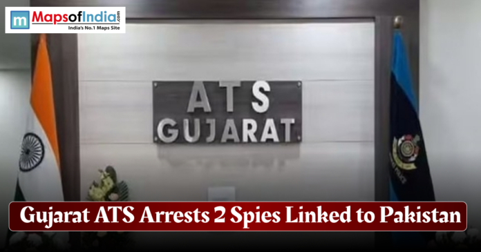 ATS Gujarat ATS office signage with Indian and police flags, accompanied by a headline stating the arrest of two spies linked to Pakistan.