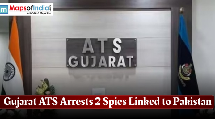 Gujarat ATS Arrests 2 Spies Linked to Pakistan Gujarat ATS office signage with Indian and police flags, accompanied by a headline stating the arrest of two spies linked to Pakistan.